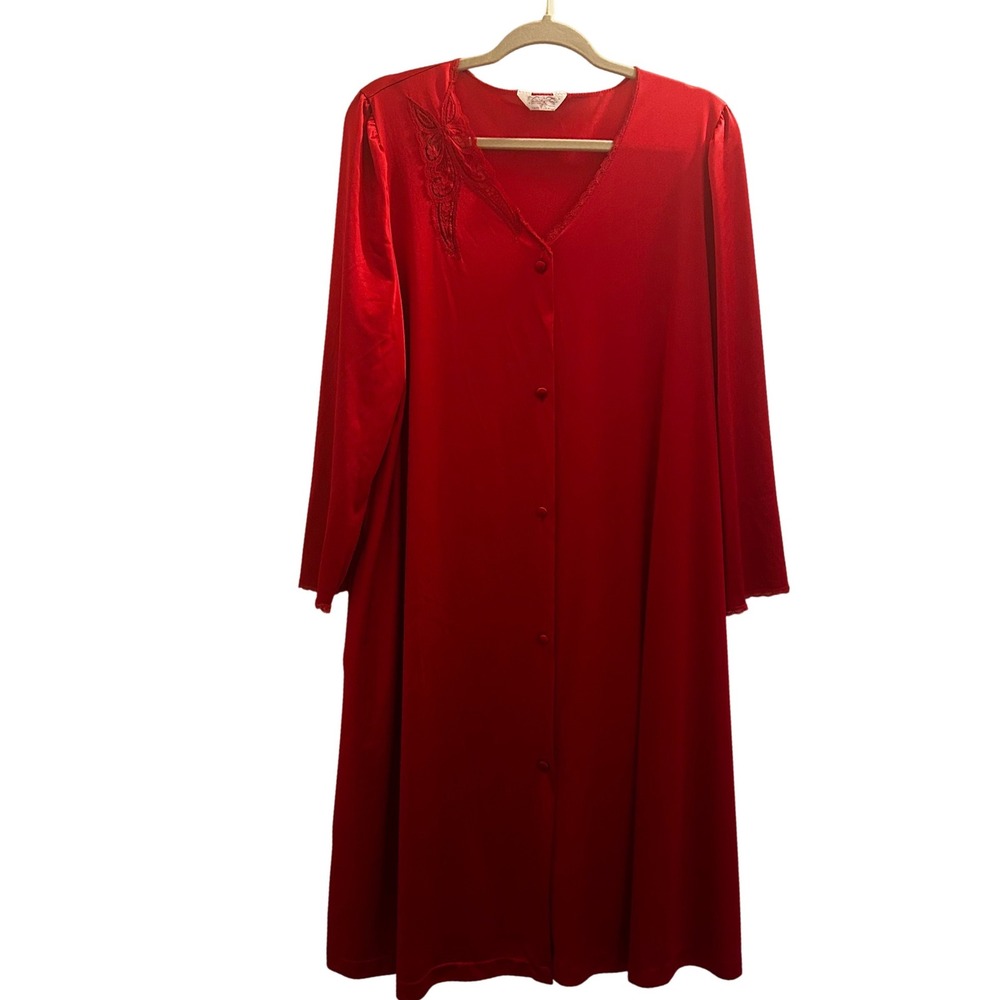 Vintage Vanity Fair Red Nylon Button Front Robe Nightgown Lace Trim‎ L - Picture 3 of 13